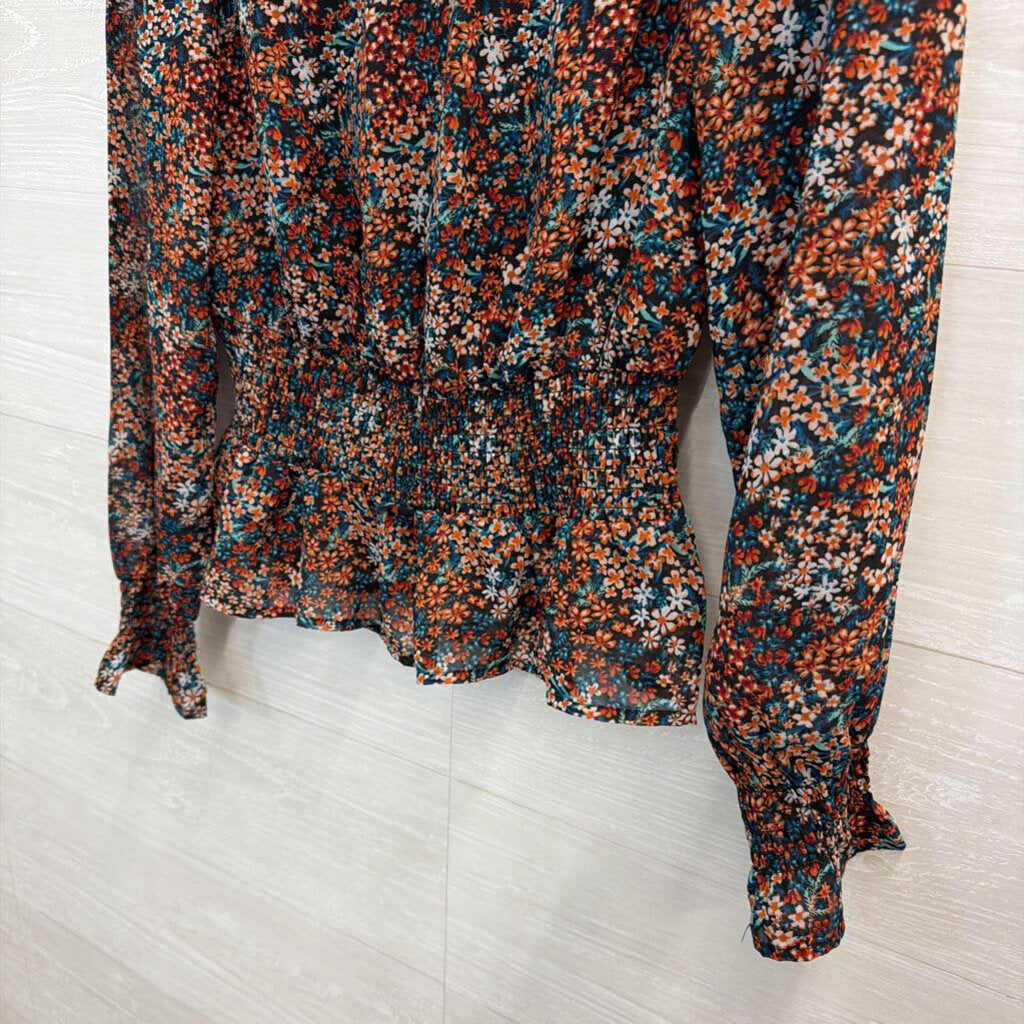 Black/Orange/Blue Floral Mock Neck Long Sleeve Top Extra Small