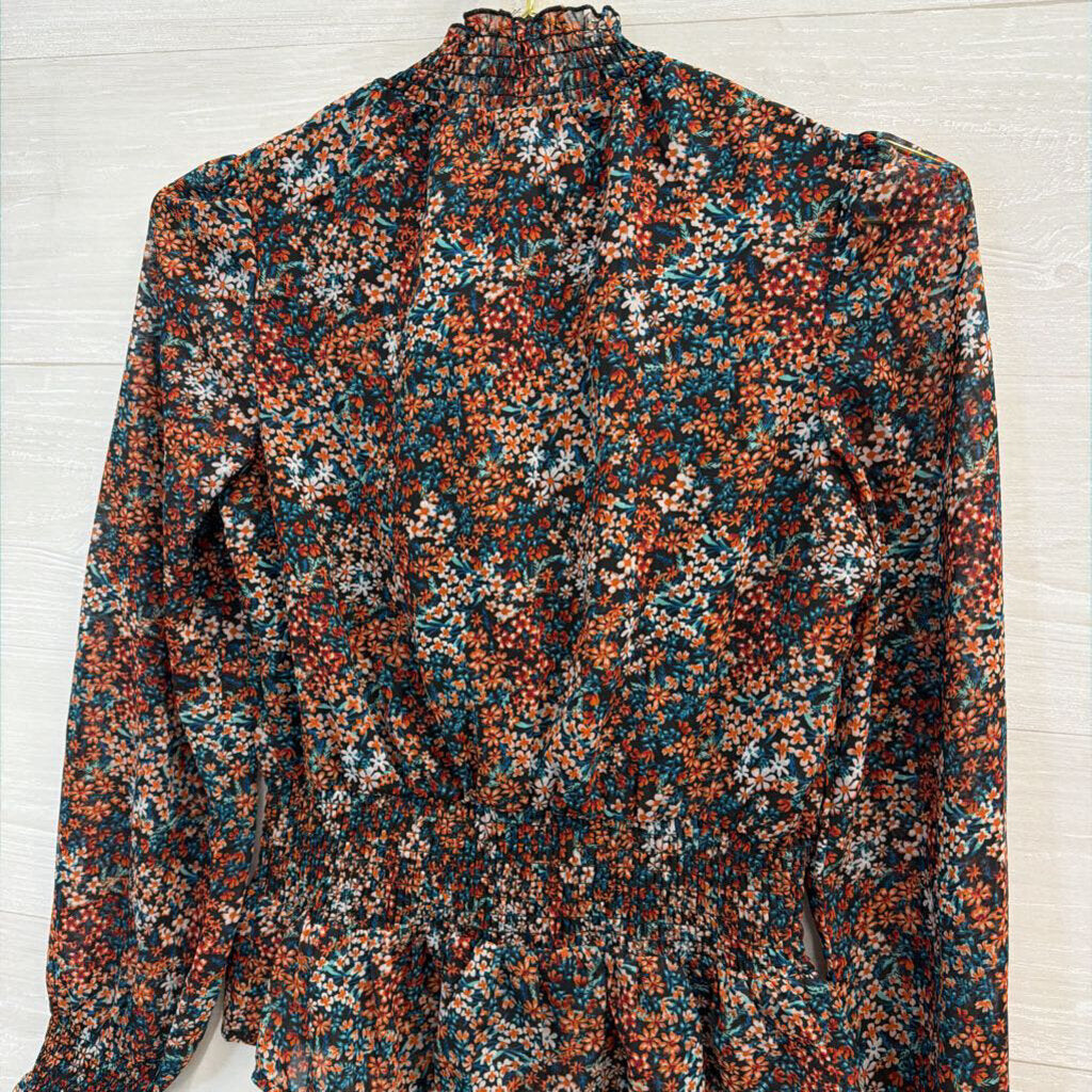 Black/Orange/Blue Floral Mock Neck Long Sleeve Top Extra Small
