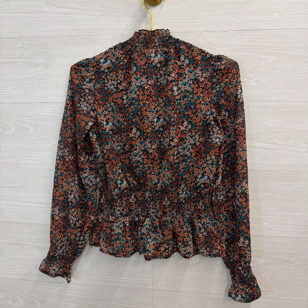 Black/Orange/Blue Floral Mock Neck Long Sleeve Top Extra Small