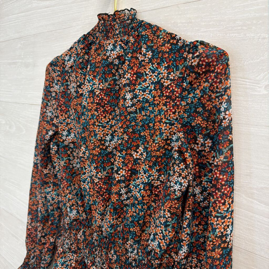 Black/Orange/Blue Floral Mock Neck Long Sleeve Top Extra Small