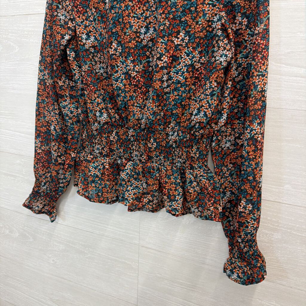 Black/Orange/Blue Floral Mock Neck Long Sleeve Top Extra Small