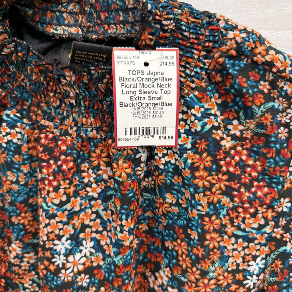 Black/Orange/Blue Floral Mock Neck Long Sleeve Top Extra Small