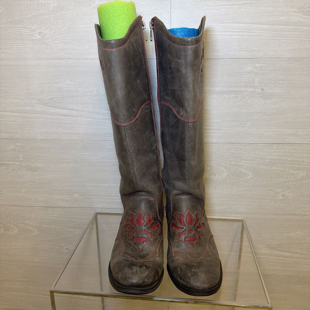 Grey/Red Tall Western Boots 7,5