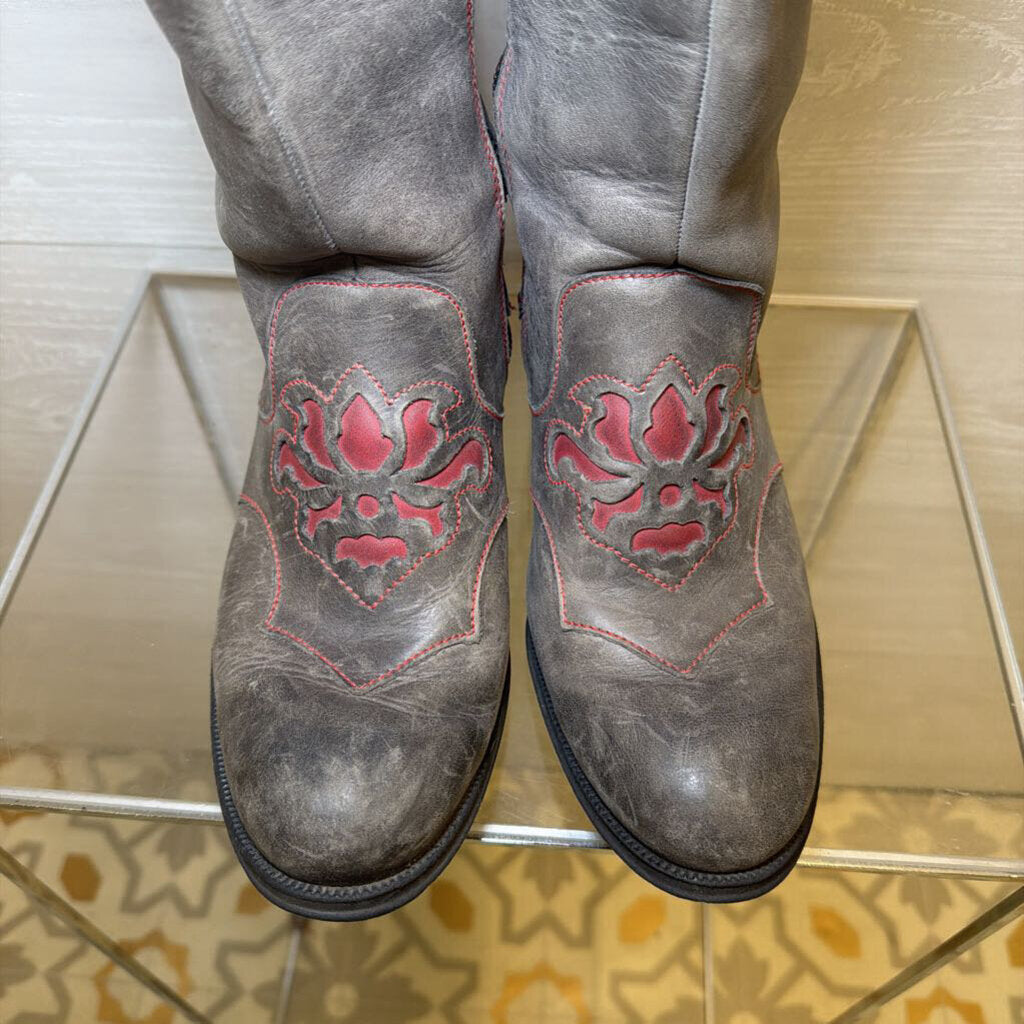 Grey/Red Tall Western Boots 7,5