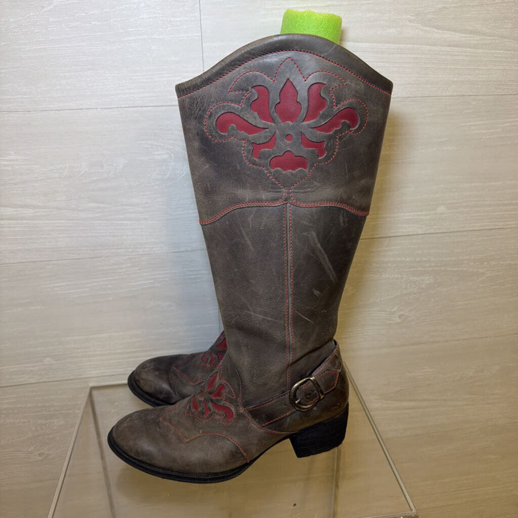 Grey/Red Tall Western Boots 7,5