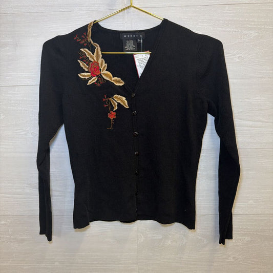 Vintage Black Cardigan with Embroidered Flowers Petite Small