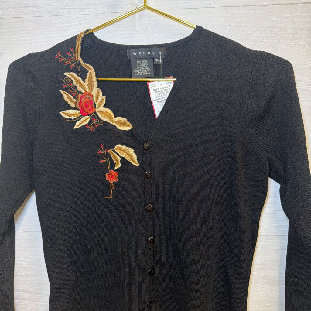 Vintage Black Cardigan with Embroidered Flowers Petite Small