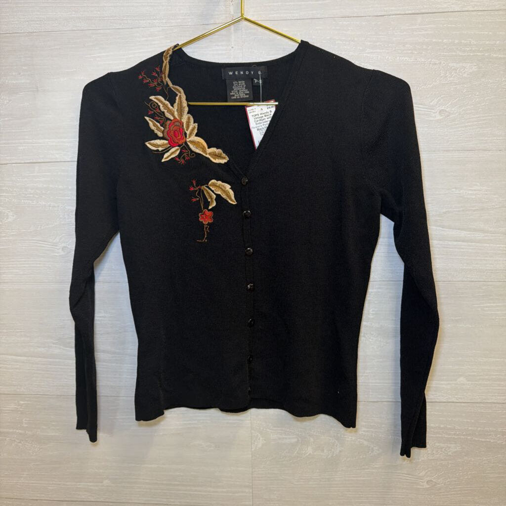 Vintage Black Cardigan with Embroidered Flowers Petite Small