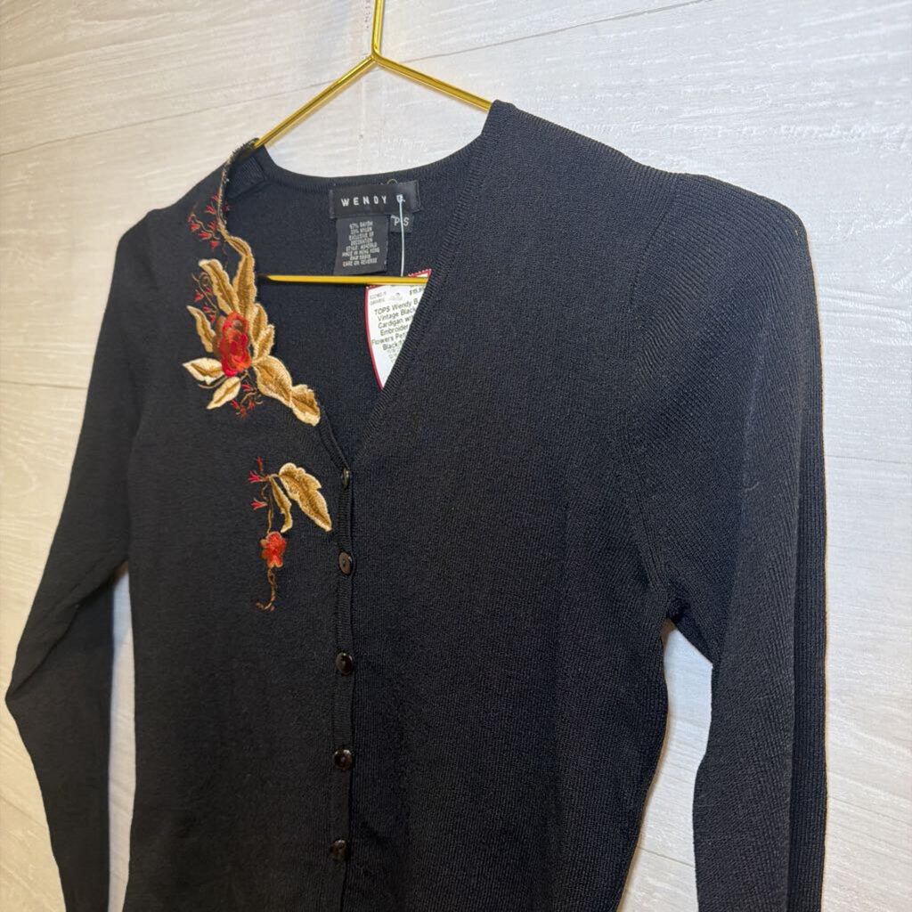 Vintage Black Cardigan with Embroidered Flowers Petite Small