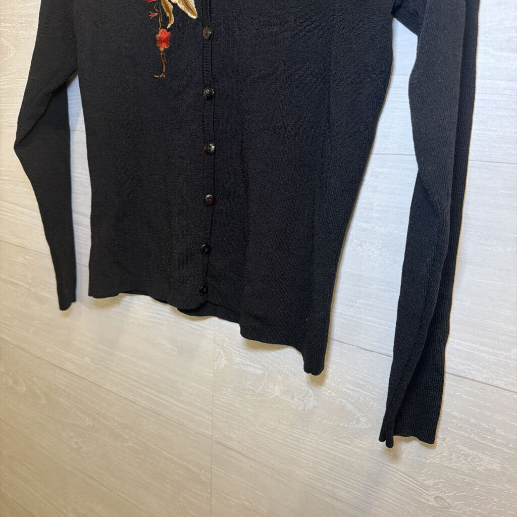 Vintage Black Cardigan with Embroidered Flowers Petite Small