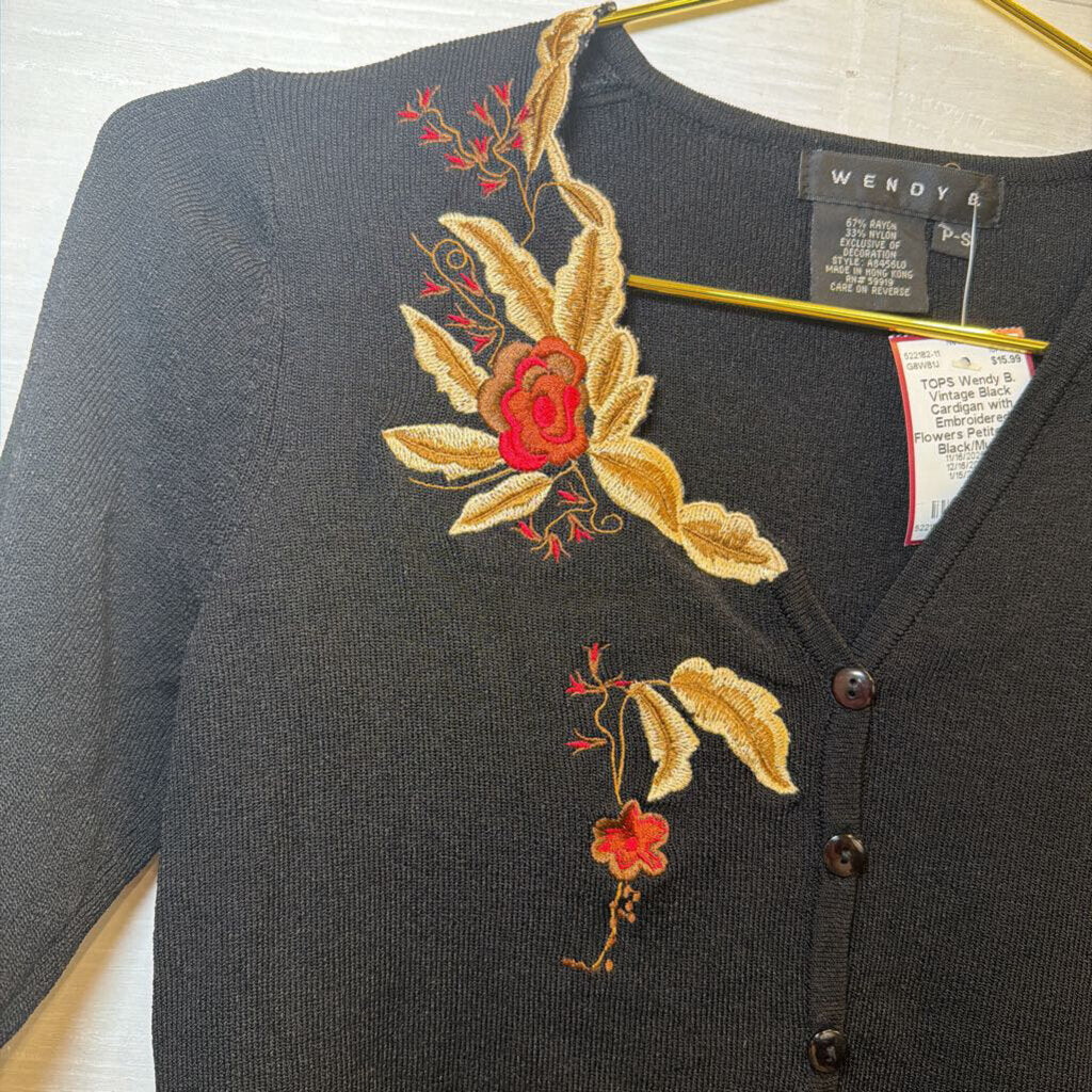Vintage Black Cardigan with Embroidered Flowers Petite Small