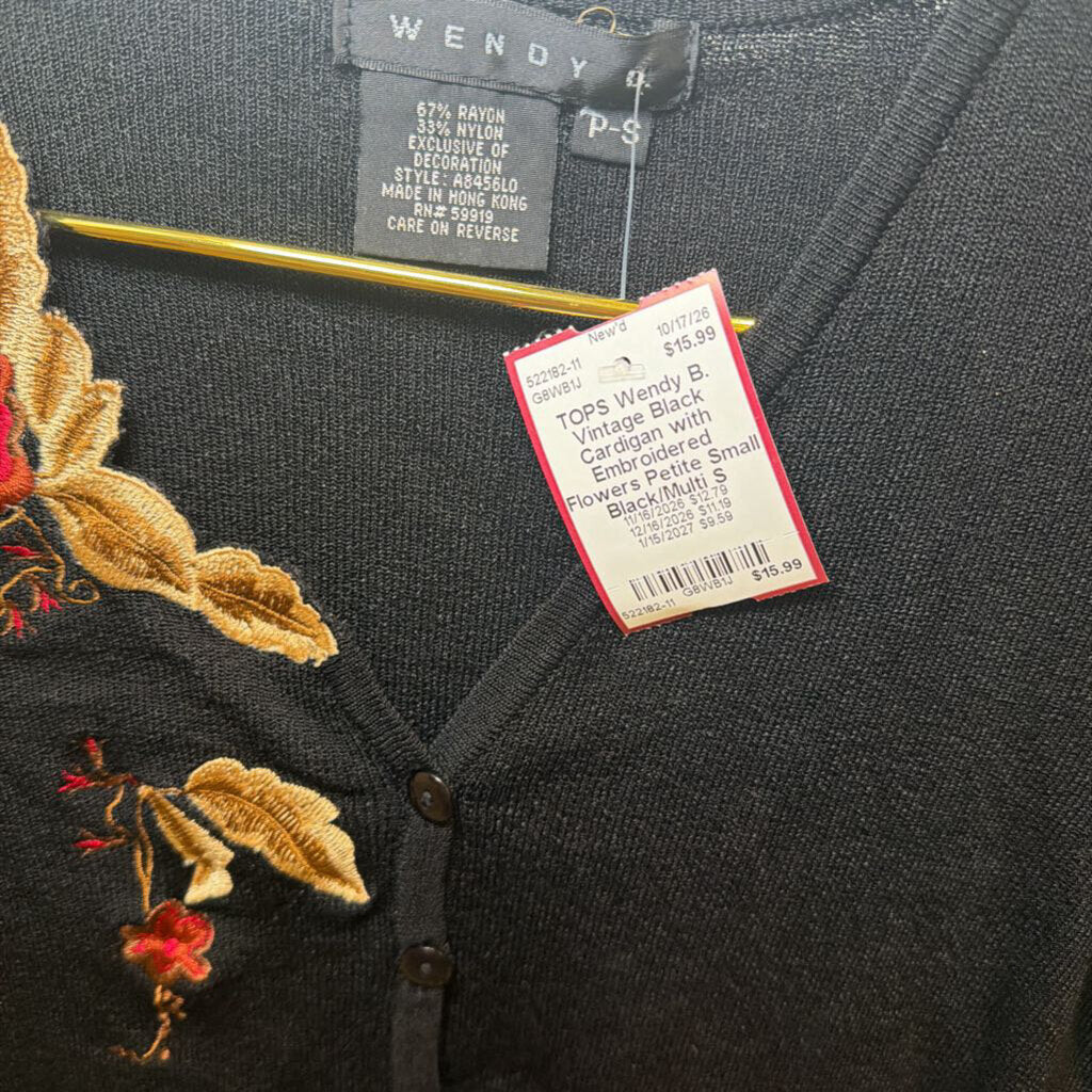 Vintage Black Cardigan with Embroidered Flowers Petite Small