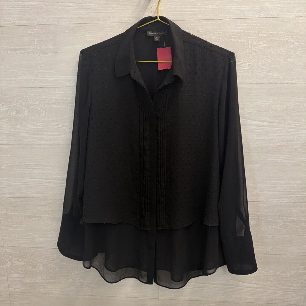 Black Layered Sheer Button Down Blouse Medium