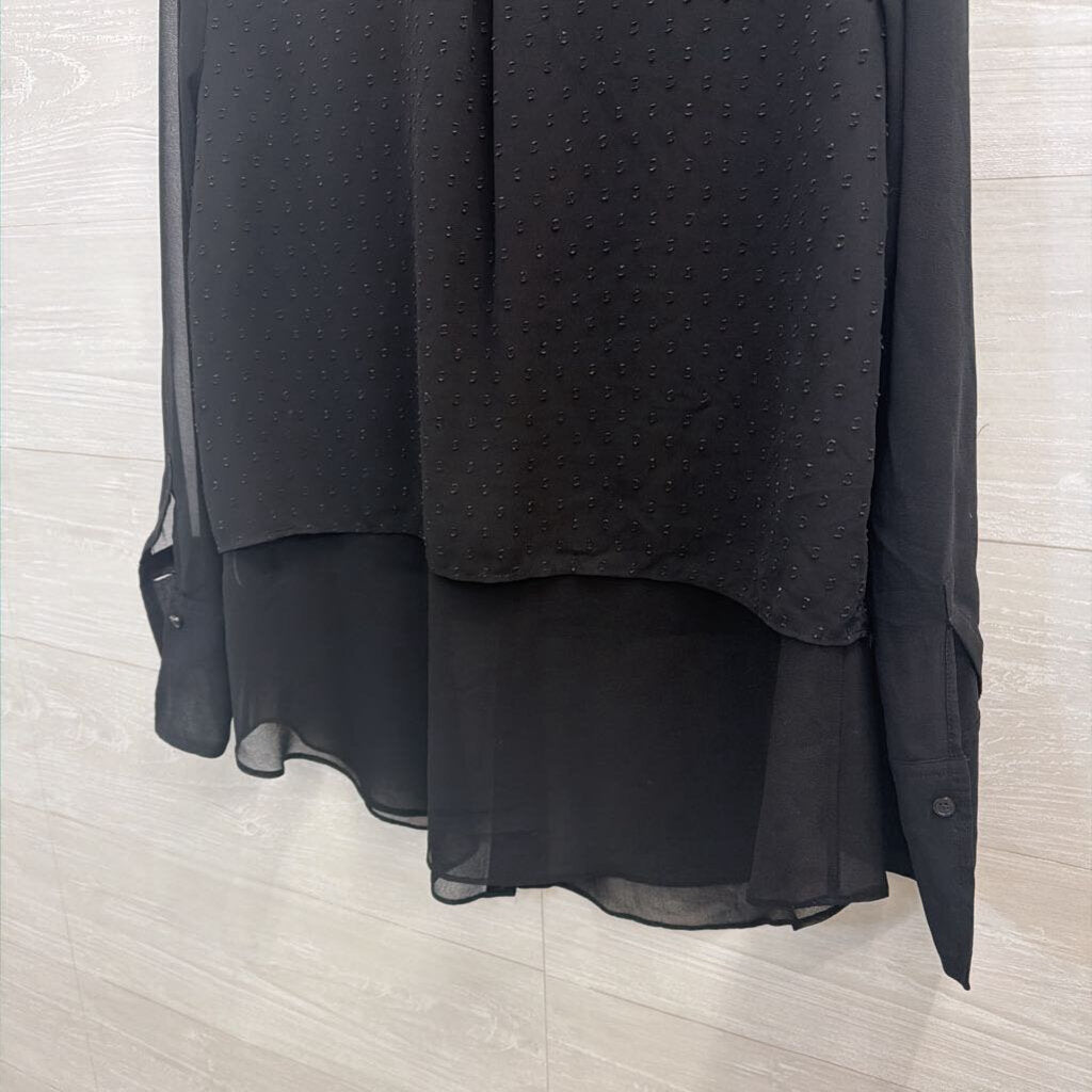 Black Layered Sheer Button Down Blouse Medium