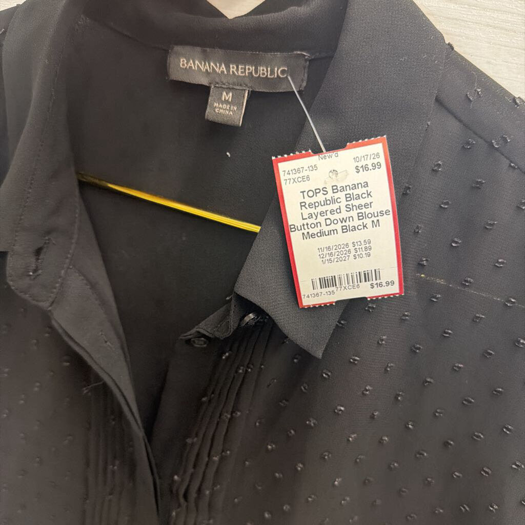 Black Layered Sheer Button Down Blouse Medium