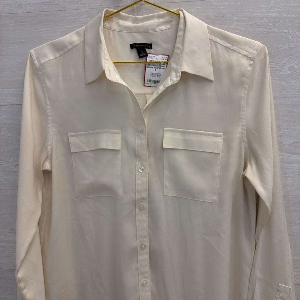 Ann Taylor Cream Silky Button Down Blouse Small
