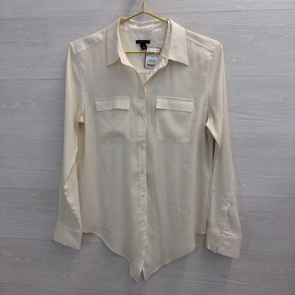 Ann Taylor Cream Silky Button Down Blouse Small