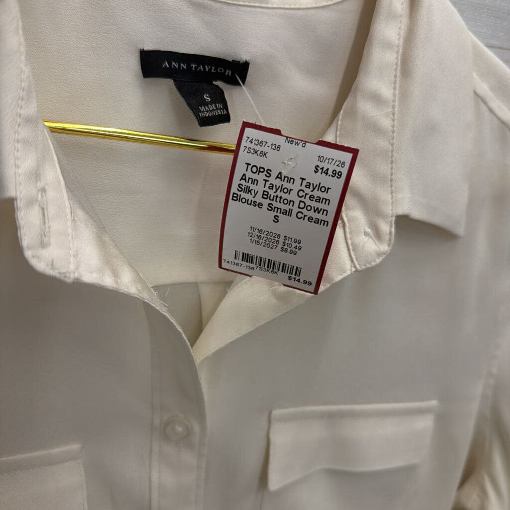 Ann Taylor Cream Silky Button Down Blouse Small
