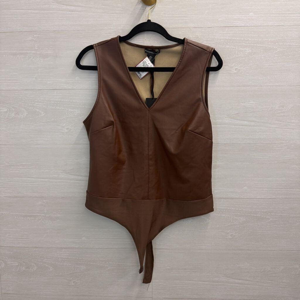 Faux Leather Brown Tank Bodysuit Large