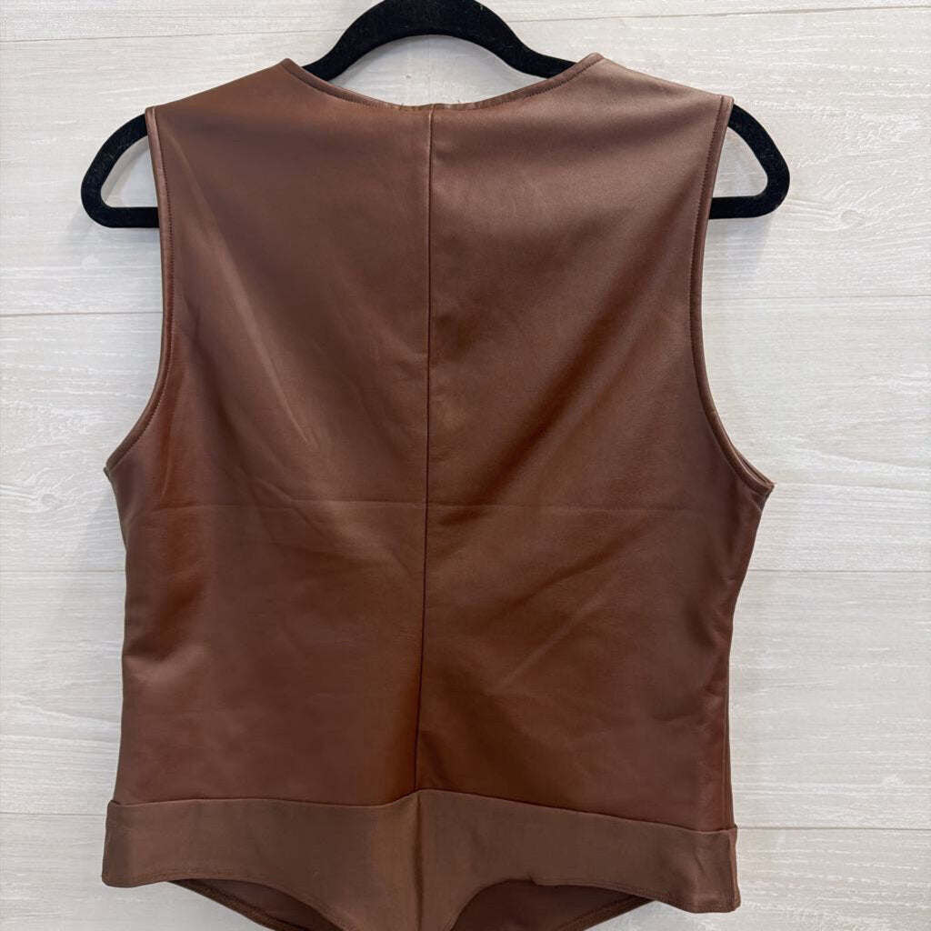 Faux Leather Brown Tank Bodysuit Large