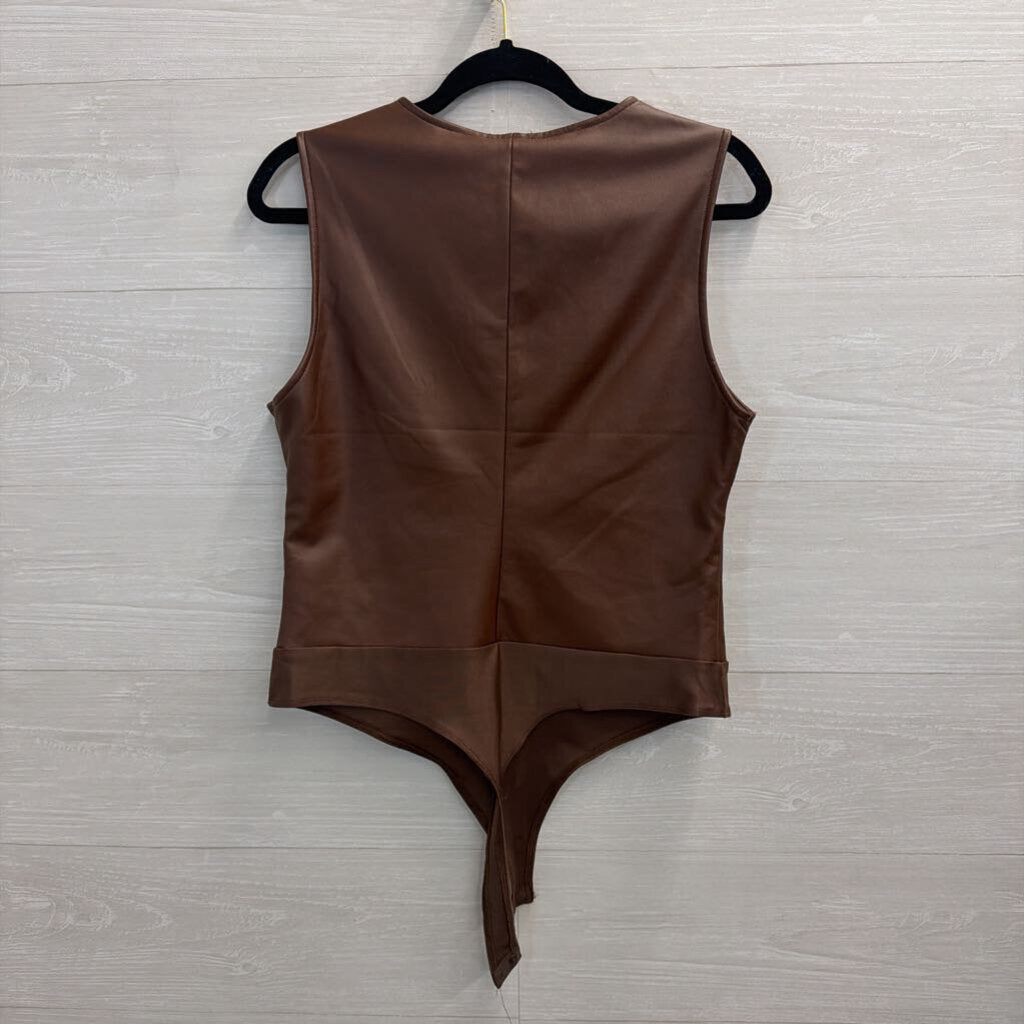 Faux Leather Brown Tank Bodysuit Large