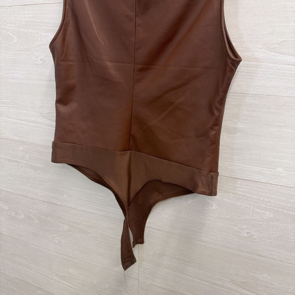 Faux Leather Brown Tank Bodysuit Large