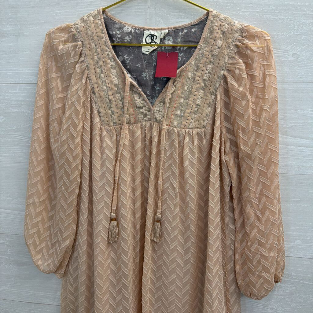 Beige Textured Dress with Sparkle Accent Extra Small