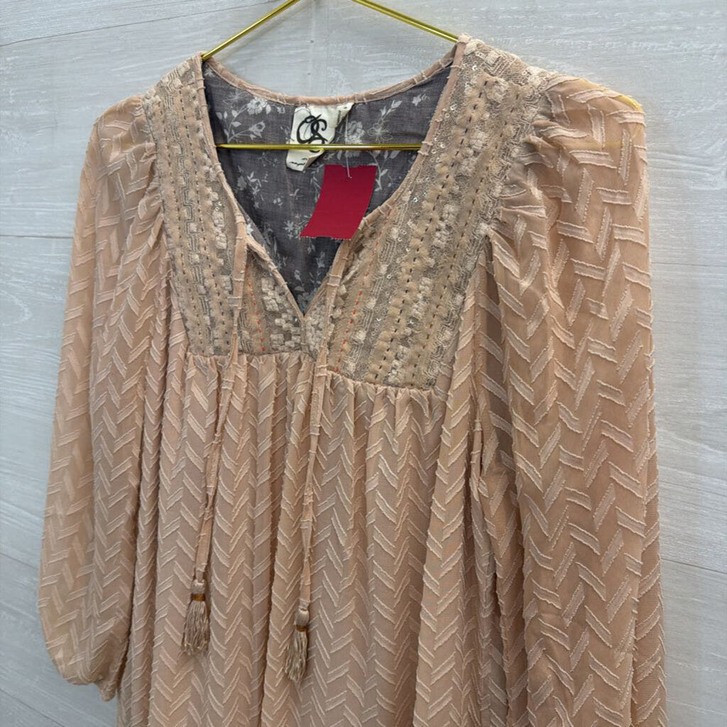 Beige Textured Dress with Sparkle Accent Extra Small