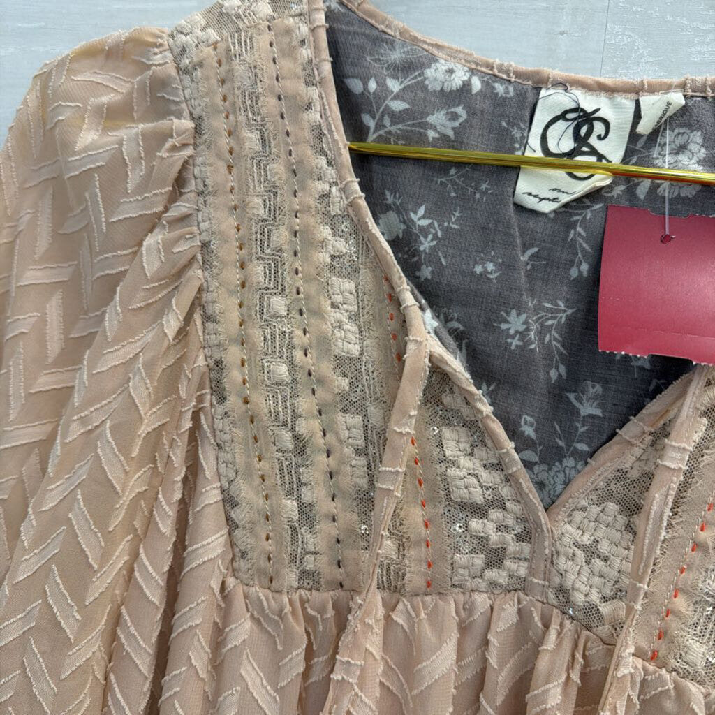 Beige Textured Dress with Sparkle Accent Extra Small