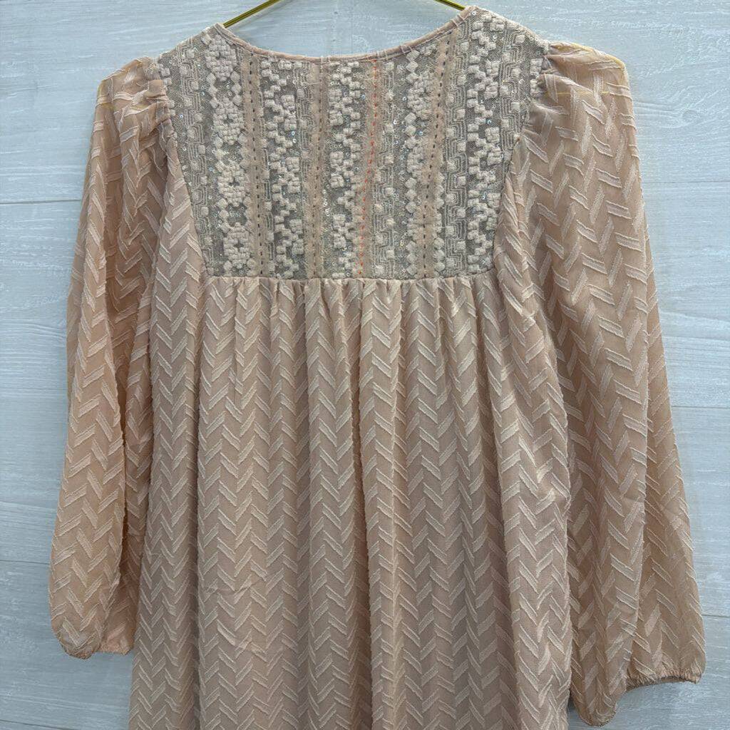 Beige Textured Dress with Sparkle Accent Extra Small