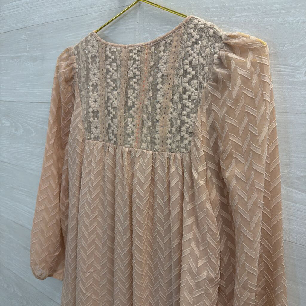 Beige Textured Dress with Sparkle Accent Extra Small