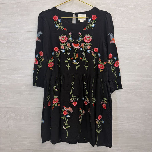 Maeve Black Floral and Bird Embroidered Dress Extra Small