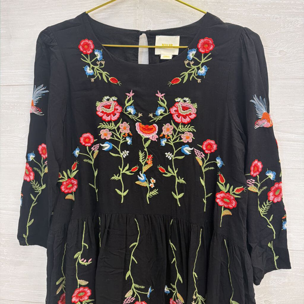 Maeve Black Floral and Bird Embroidered Dress Extra Small