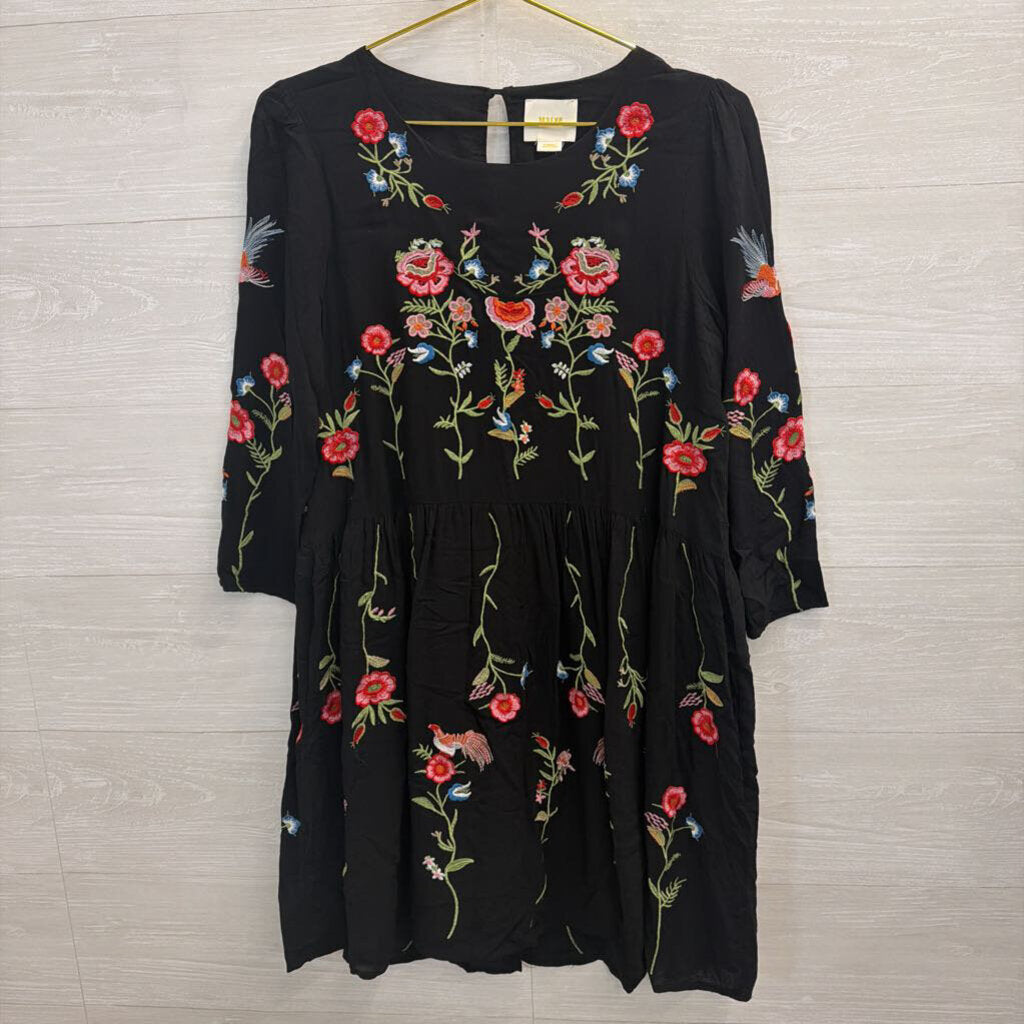 Maeve Black Floral and Bird Embroidered Dress Extra Small