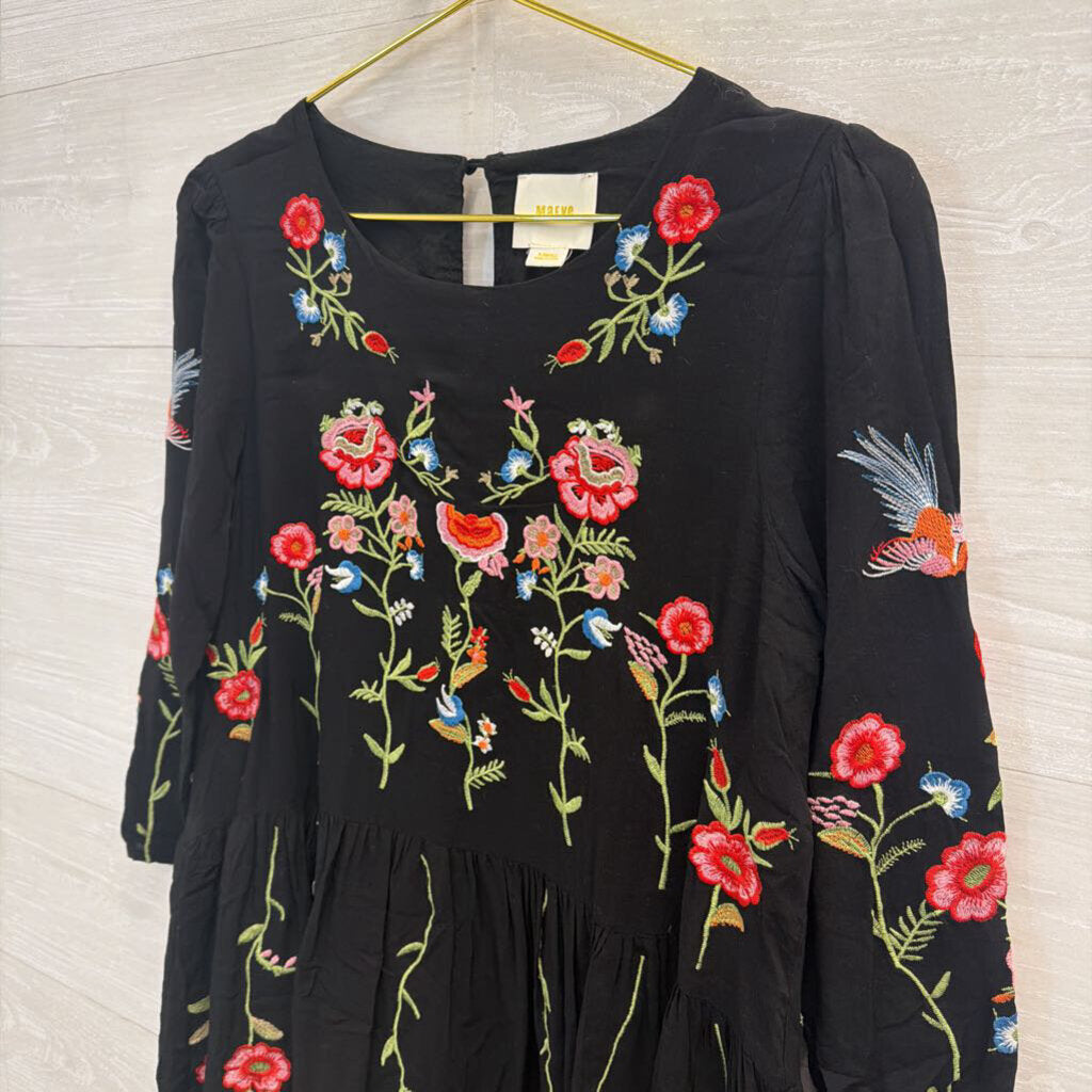 Maeve Black Floral and Bird Embroidered Dress Extra Small
