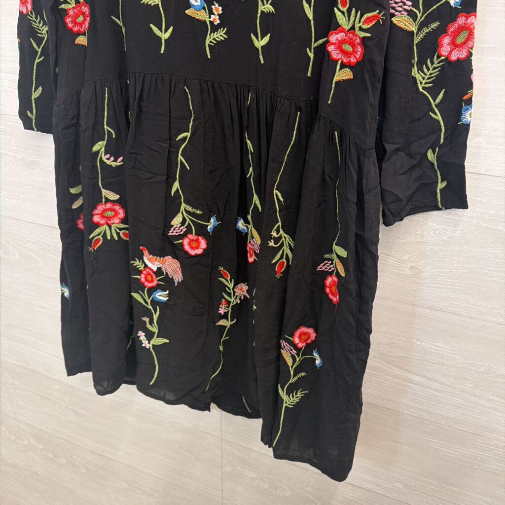 Maeve Black Floral and Bird Embroidered Dress Extra Small