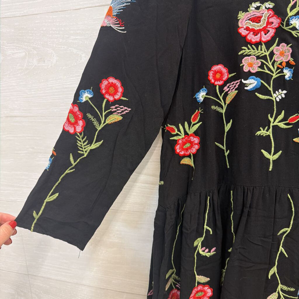 Maeve Black Floral and Bird Embroidered Dress Extra Small