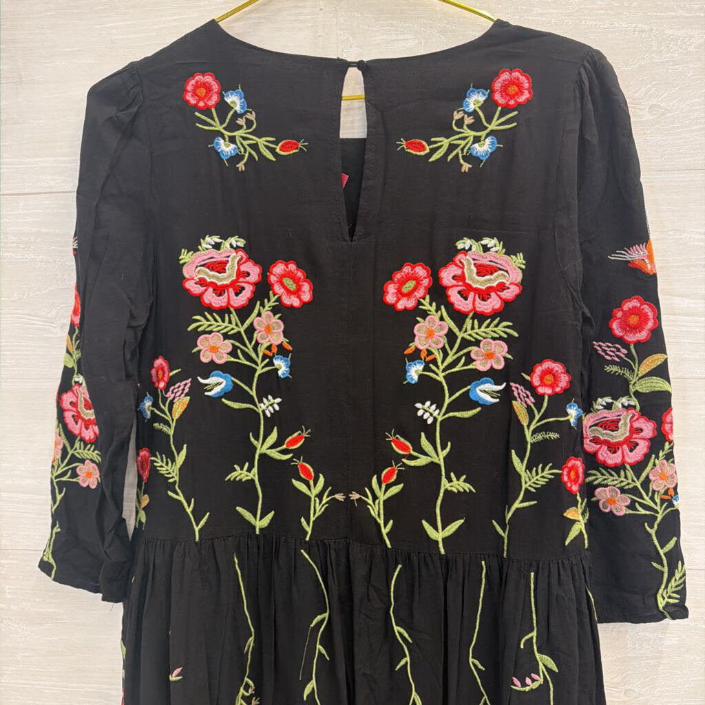 Maeve Black Floral and Bird Embroidered Dress Extra Small