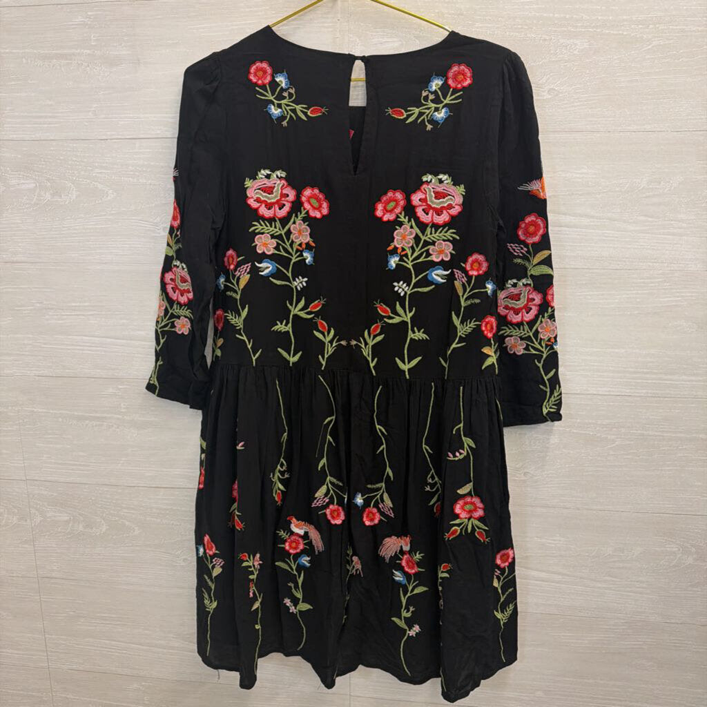 Maeve Black Floral and Bird Embroidered Dress Extra Small