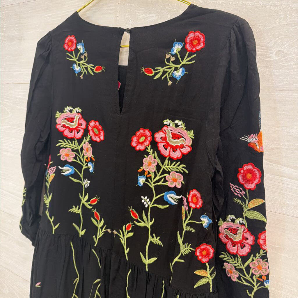 Maeve Black Floral and Bird Embroidered Dress Extra Small