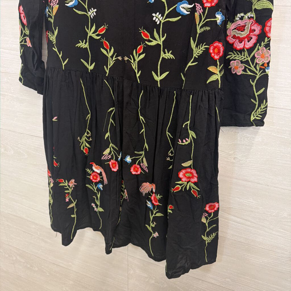 Maeve Black Floral and Bird Embroidered Dress Extra Small