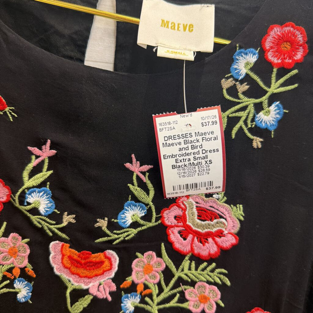 Maeve Black Floral and Bird Embroidered Dress Extra Small