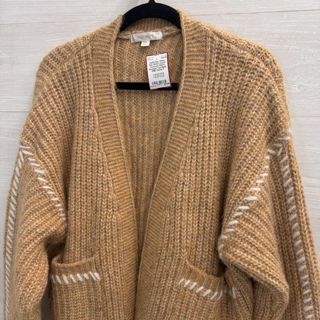 Flat White Camel Contrast Stitch Sweater Cardigan ONE
