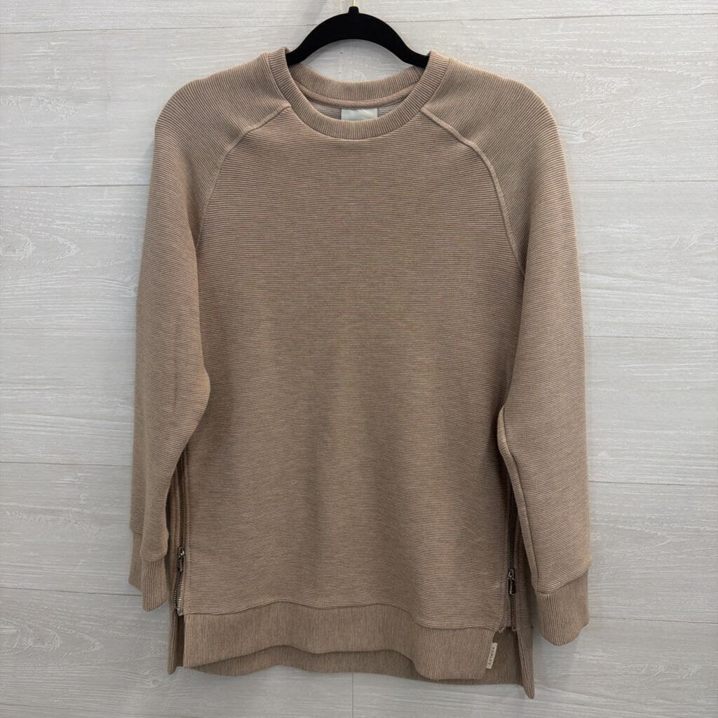 Varley Taupe Ribbed Side Zip Pullover Small