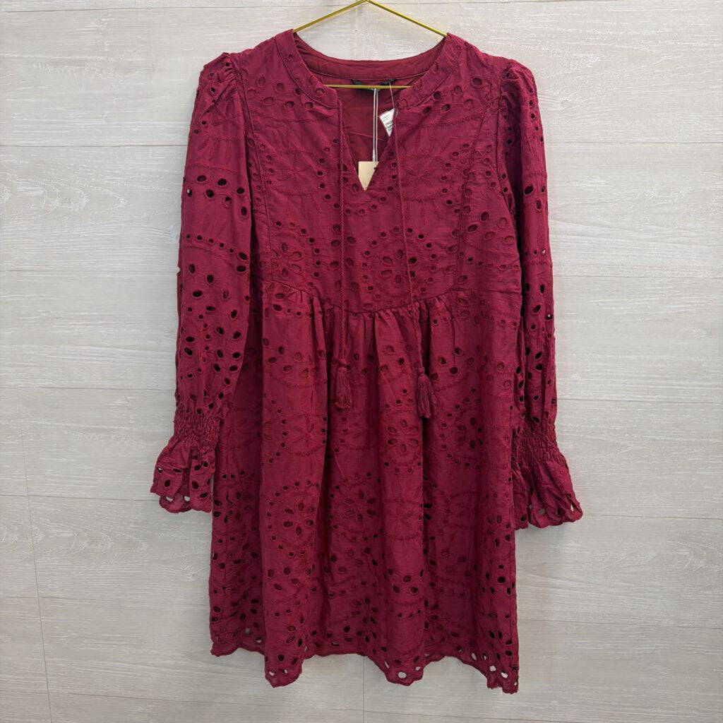 Magenta Long Sleeve Eyelet Dress 100% Cotton Small