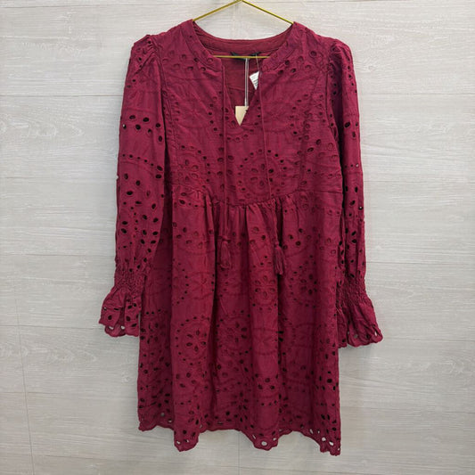 Magenta Long Sleeve Eyelet Dress 100% Cotton Small