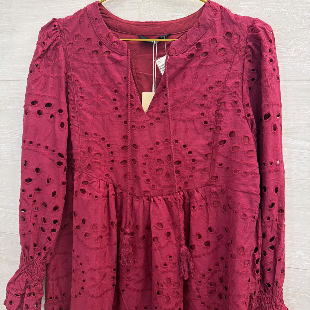 Magenta Long Sleeve Eyelet Dress 100% Cotton Small
