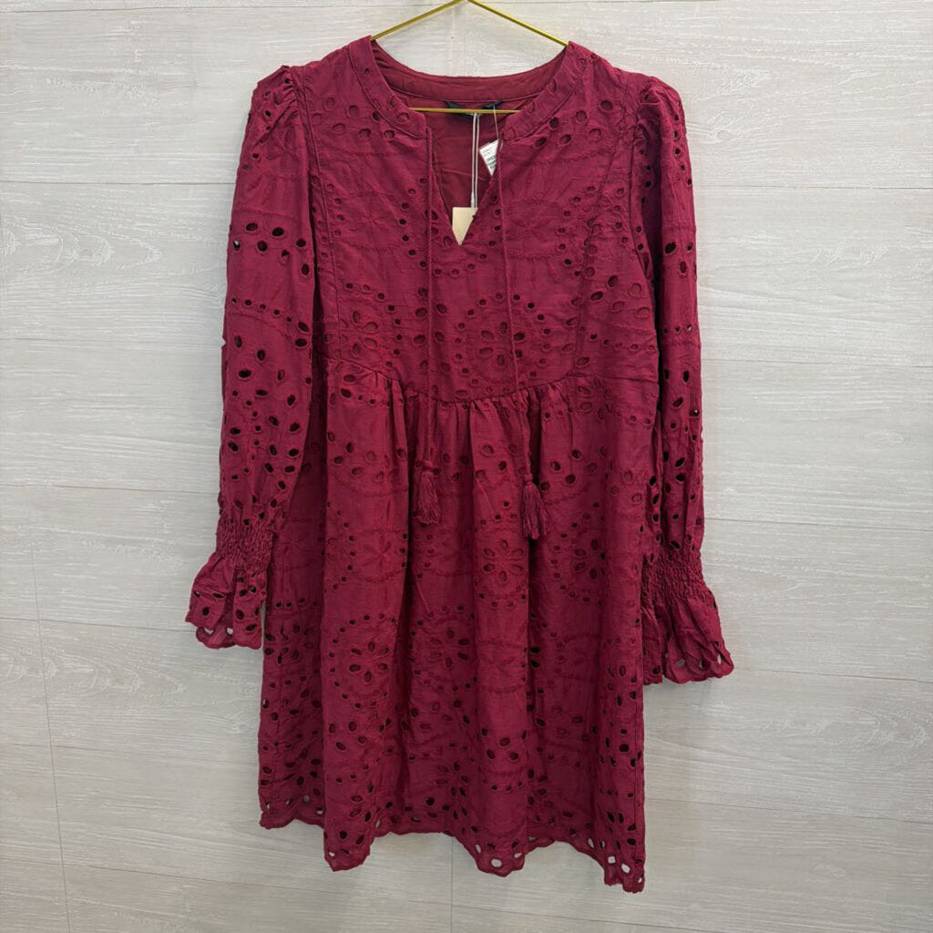 Magenta Long Sleeve Eyelet Dress 100% Cotton Small