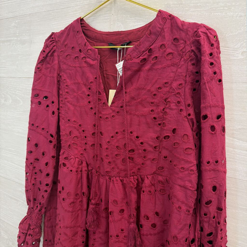 Magenta Long Sleeve Eyelet Dress 100% Cotton Small