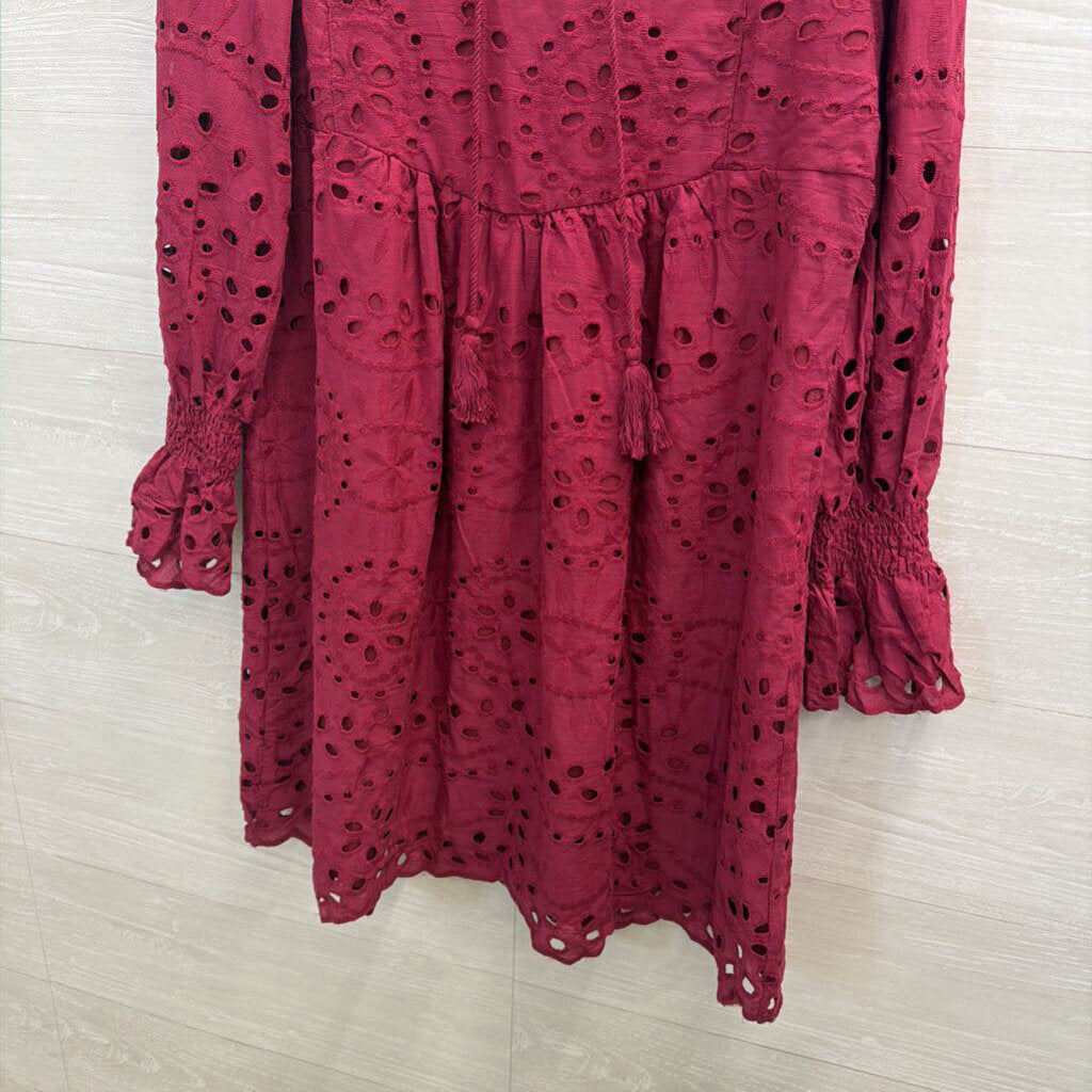 Magenta Long Sleeve Eyelet Dress 100% Cotton Small